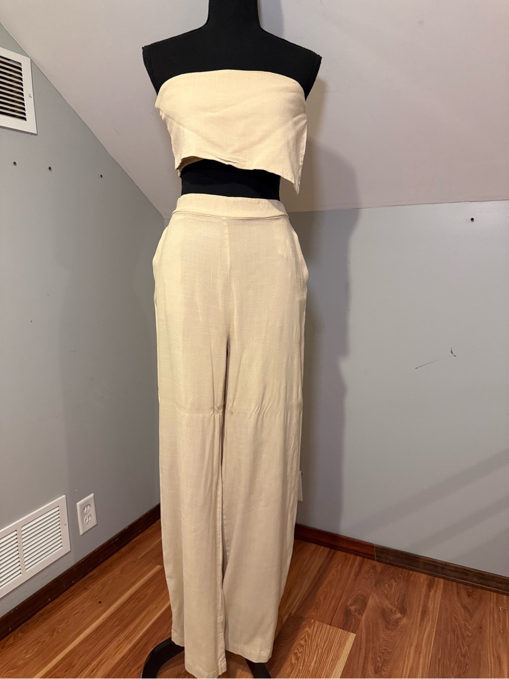 HYFVE Cream Wide-Leg Pant/Strapless Top Set-Lightweight Linen Like Set